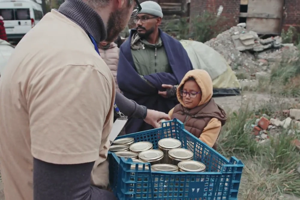 Food distribution in a refugee camp